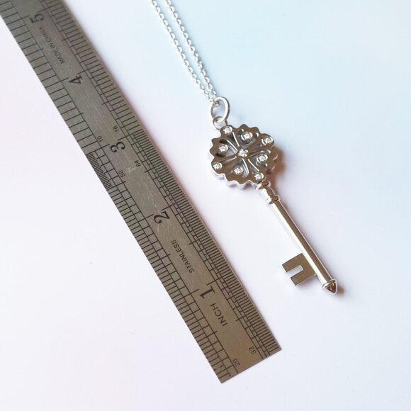 Vintage Y2K Silver Skeleton Key Pendant Necklace with Crystal Accents - Picture 4 of 4